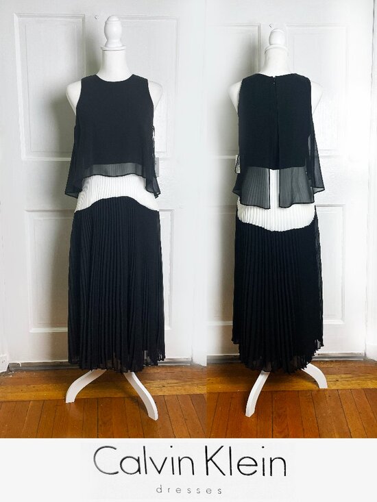 Calvin Klein Dresses & Skirts - Calvin Klein Colorblock Black & White Pleated Popover Midi Dress Size 4 NWT